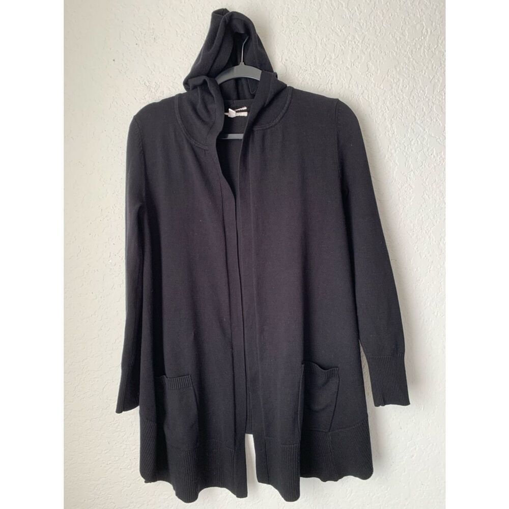Pointelle Black Hooded Open-Front Sweater Cardigan With Pockets Size SP
